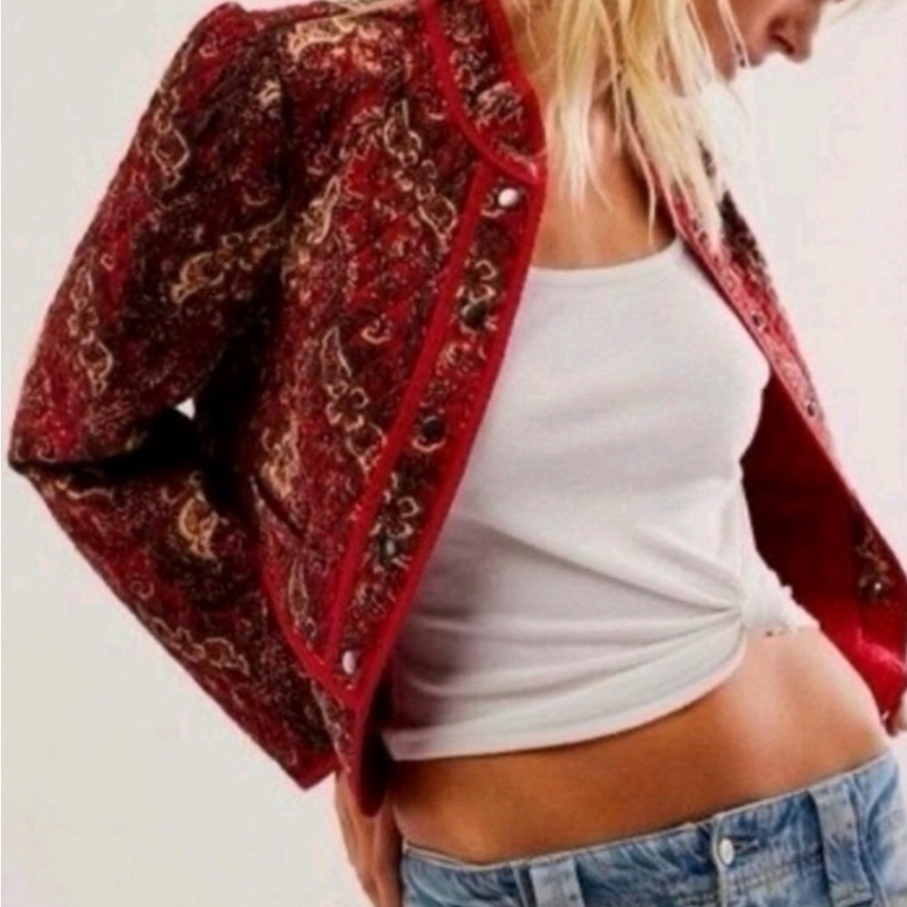 NEW Free People Zoey Quilted Floral Cherry Combo Jacket M